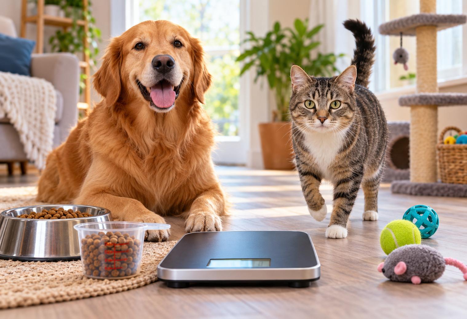Golden retriever and tabby cat beside measured pet food, a digital scale, and toys in a bright home, illustrating healthy pet weight management.
